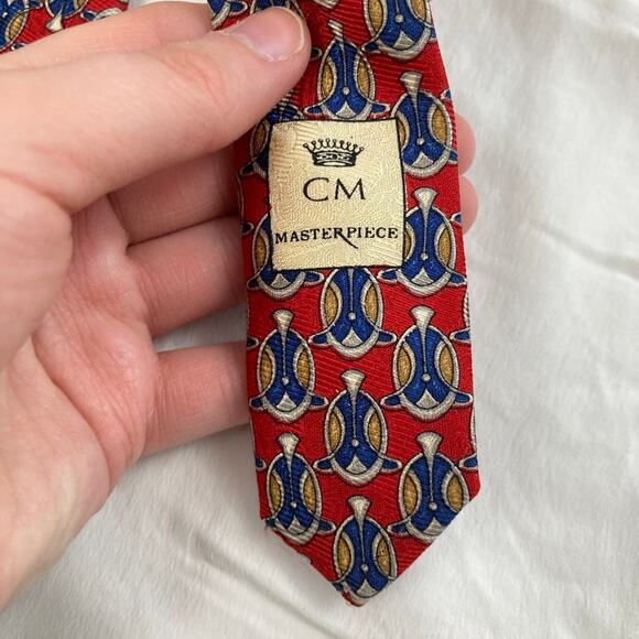 Vintage Countess Mara Short Red Silk Medallion Art Deco Print Wide Tie Designer - Picture 4 of 5